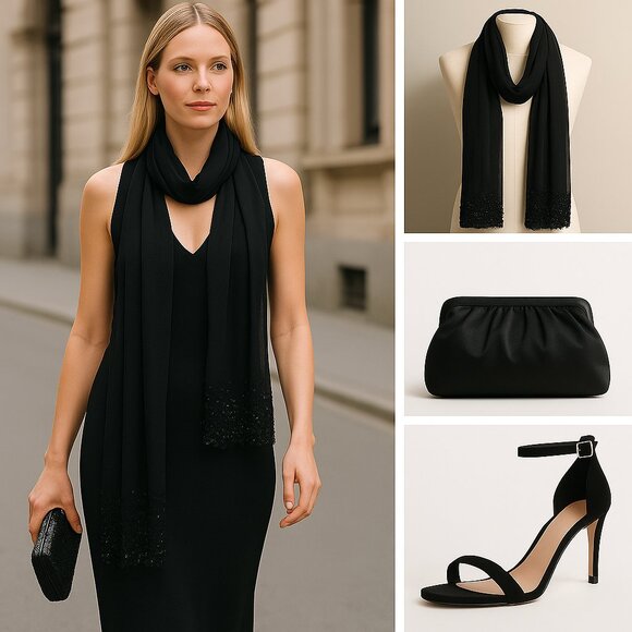 ✨ Black Beaded & Sequin Embellished Scarf – Elegant Evening & Fall Layering - Picture 3 of 6